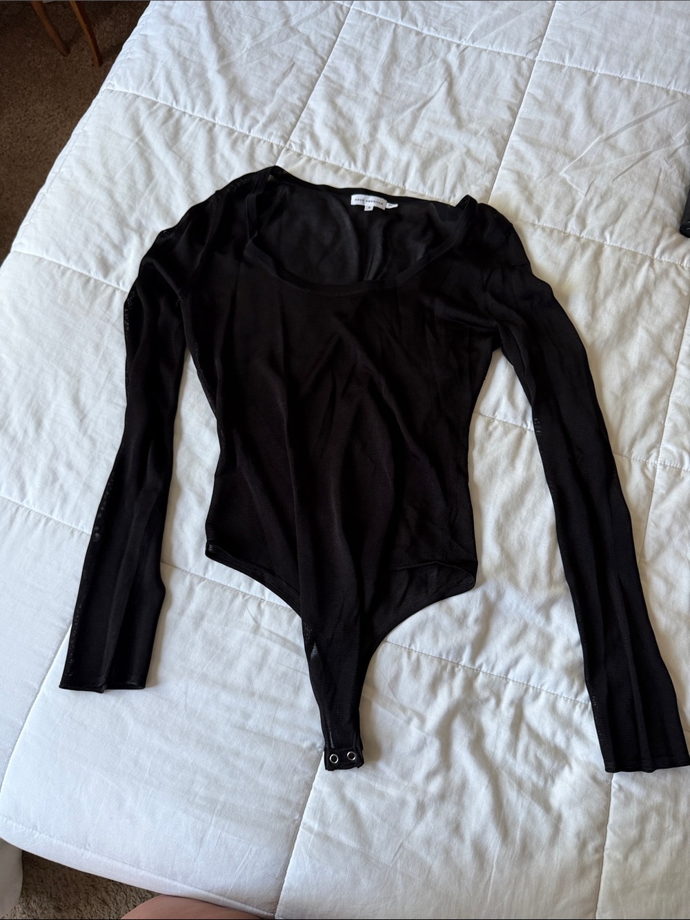GOOD AMERICAN Black Long Sleeve Scoop Neck Bodysuit - Knit Mesh/See Through